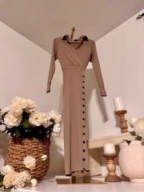Self-Portrait Taupe Ribbed Wrap Maxi Dress with Button Trim